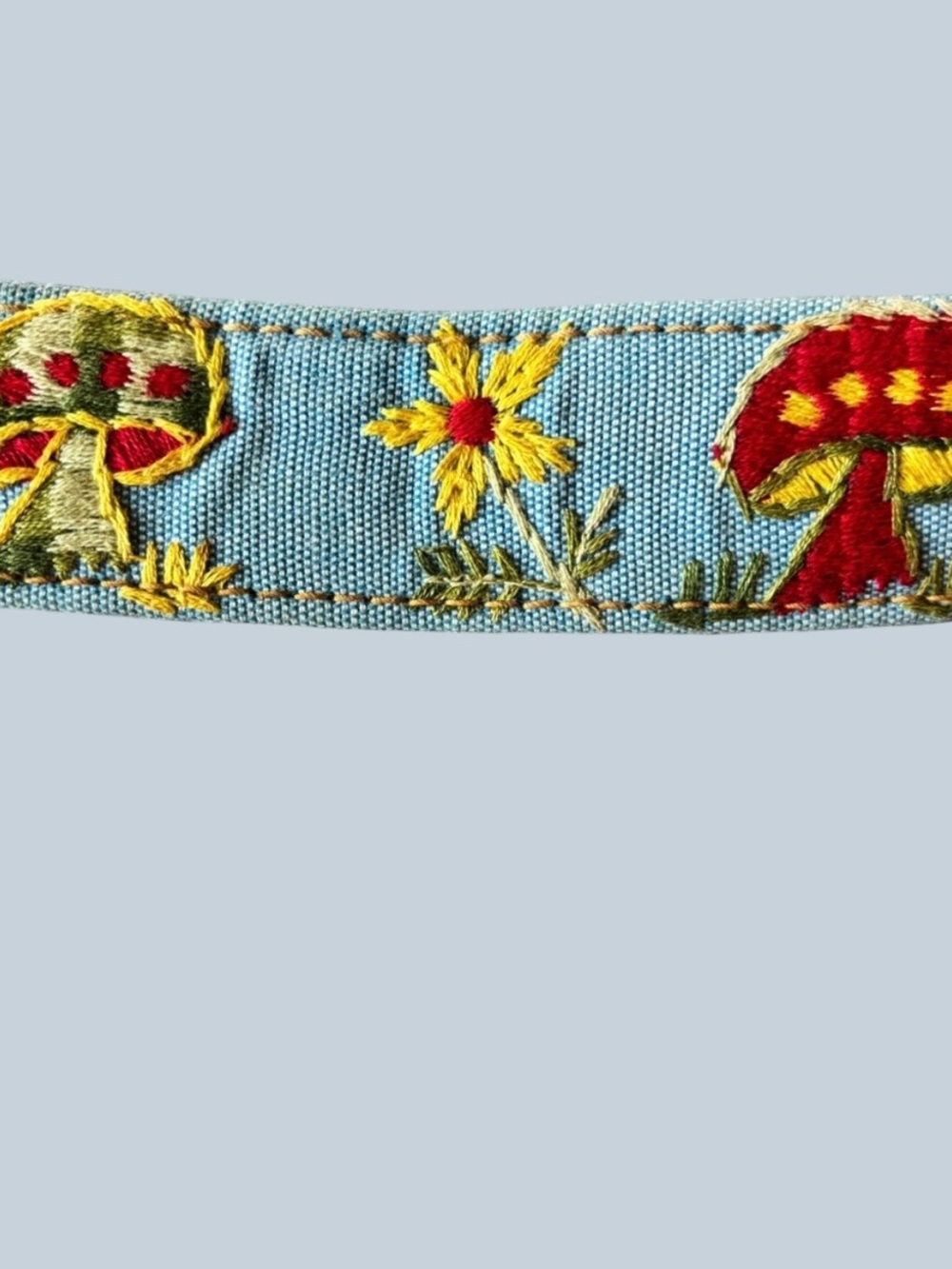60’s 70’s vintage denim floral and mushroom embroidered leather unisex belt - Picture 6 of 7